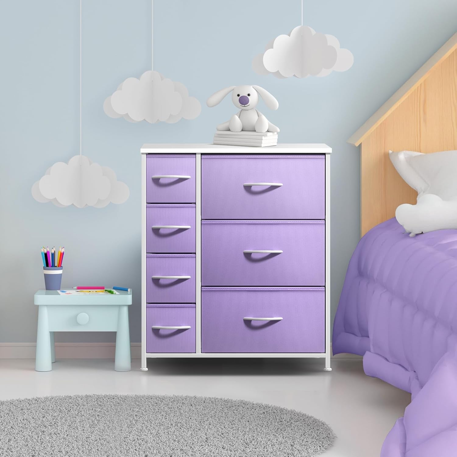 7-Drawer Kids Storage Dresser – Pastel Purple Fabric Drawers