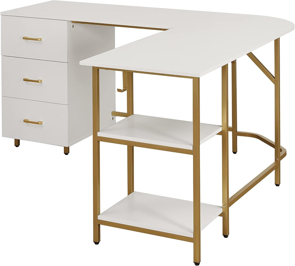 L Shaped Corner Desk Two Tone With Drawers And Shelves For Home Office
