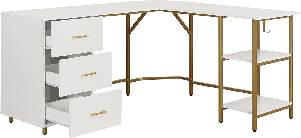 L Shaped Corner Desk Two Tone With Drawers And Shelves For Home Office