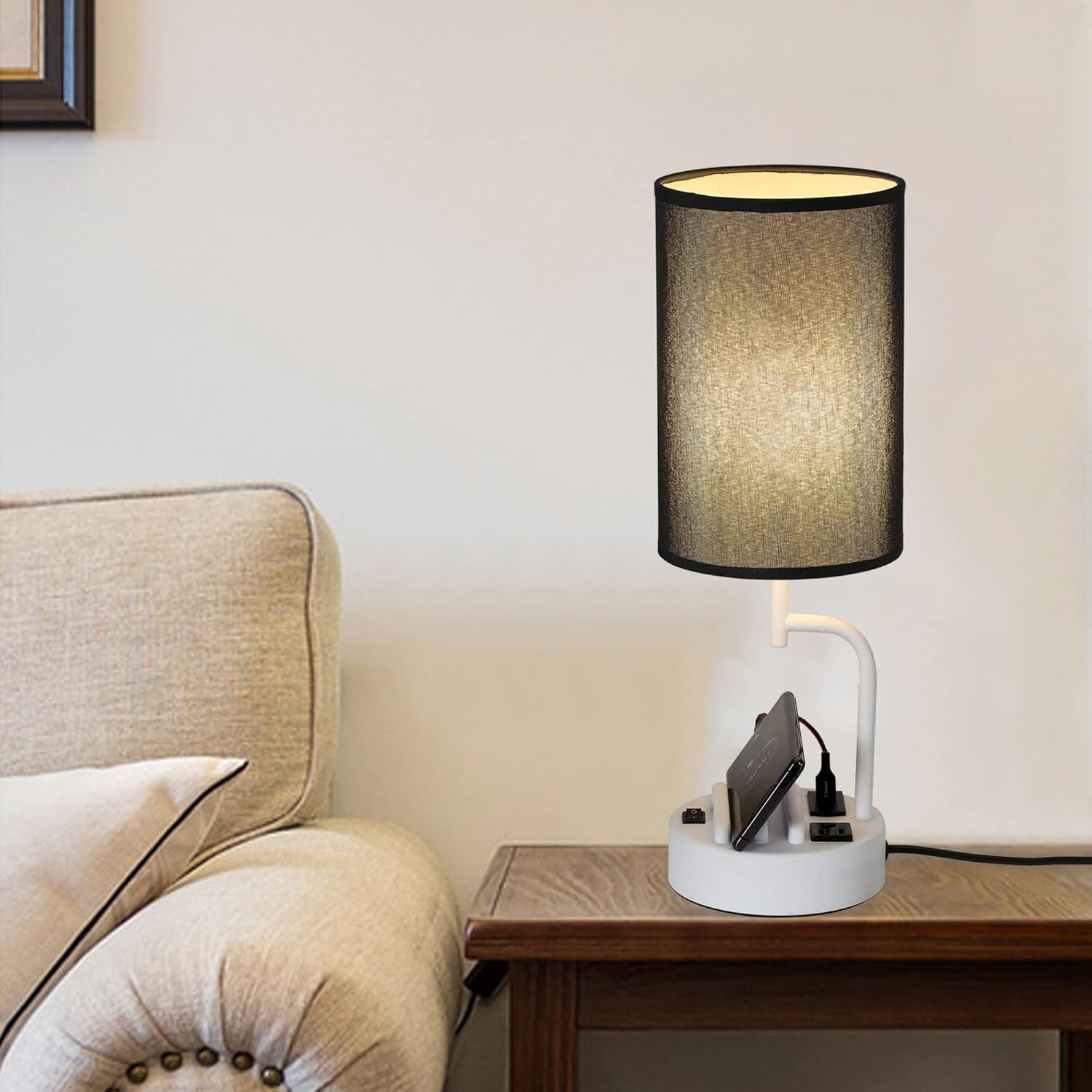 Table Lamp With 3 USB Ports And AC Outlet White Black