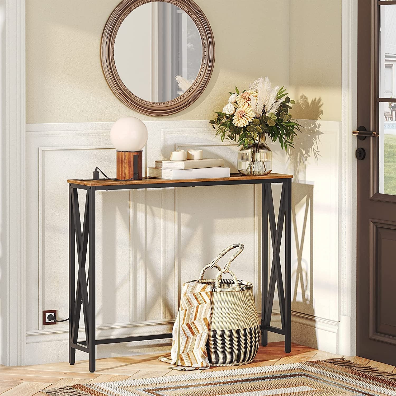 Rustic Brown Sofa Table with Power Outlet & USB Ports