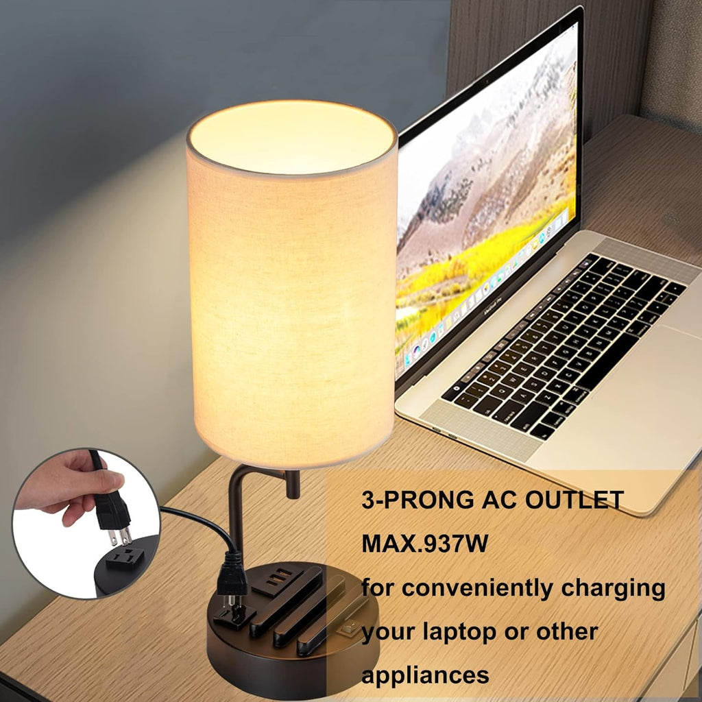 Table Lamp with 3 USB Ports and AC Outlet for Bedroom