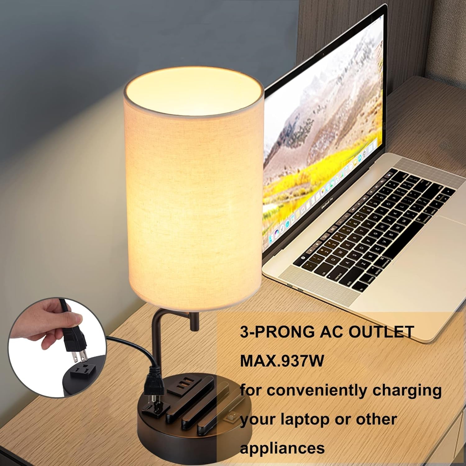 Table Lamp with 3 USB Ports and AC Outlet for Bedroom