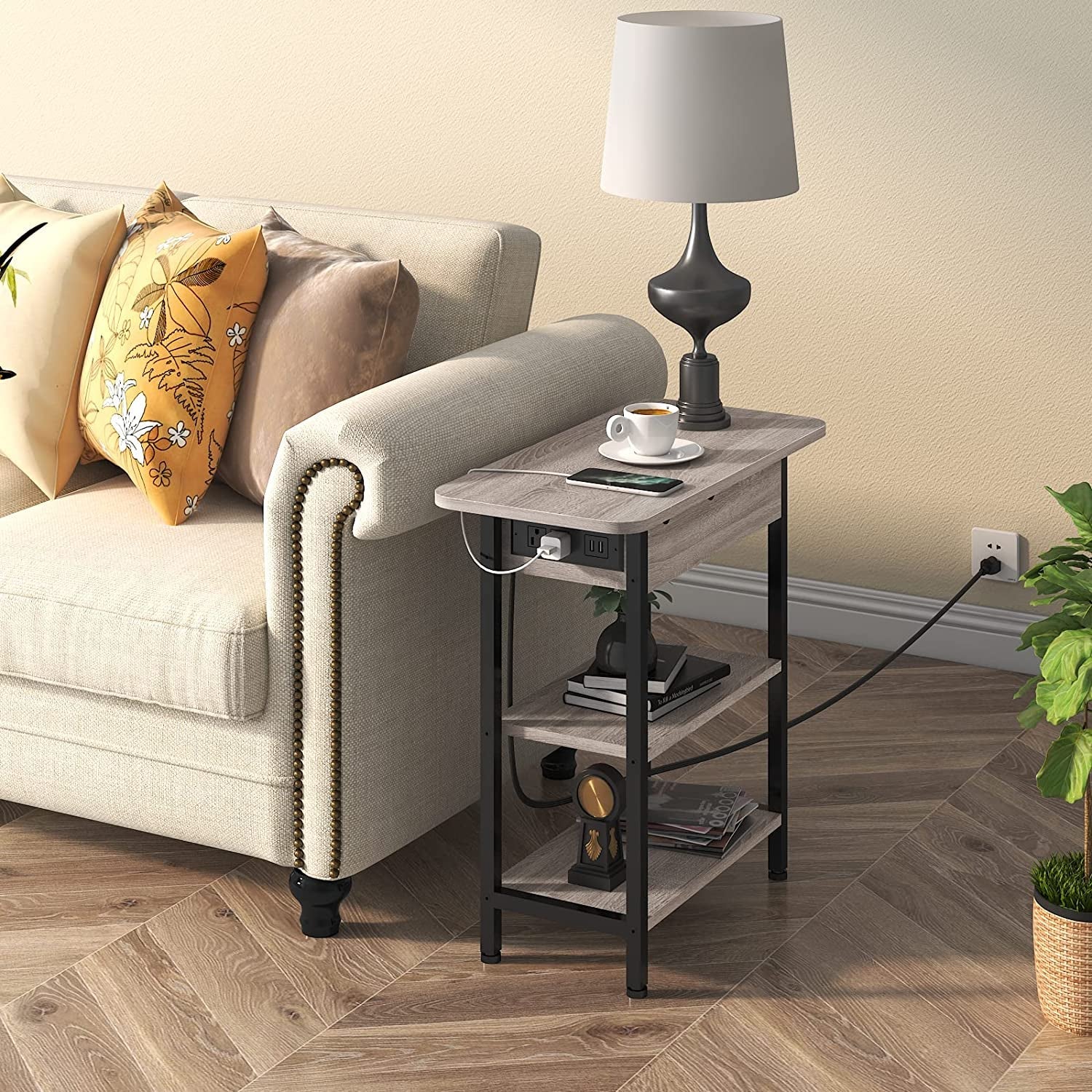 End Table with Vertical Charging Station & USB Outlets – Greige