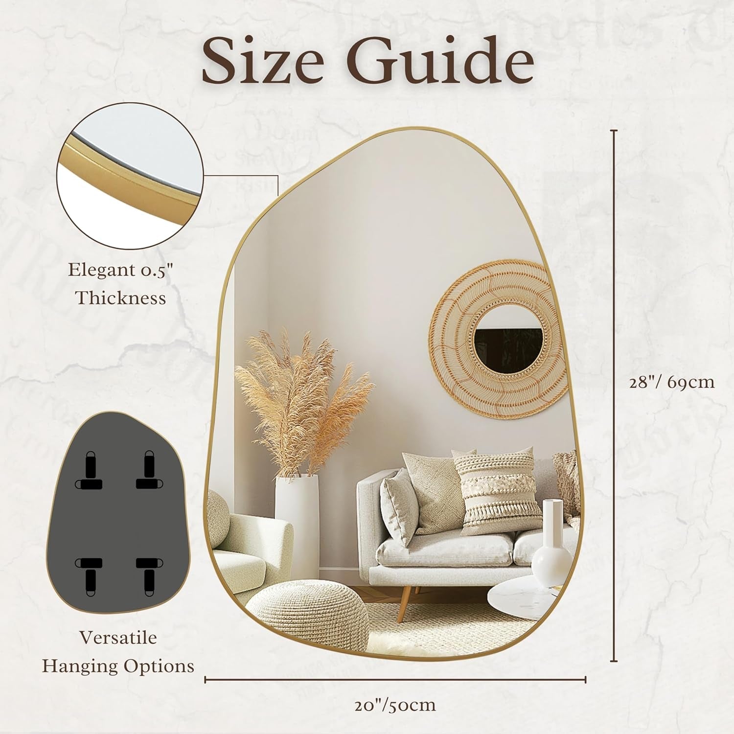 Asymmetrical Gold Wall Mirror 28x20 Inch Wood Frame