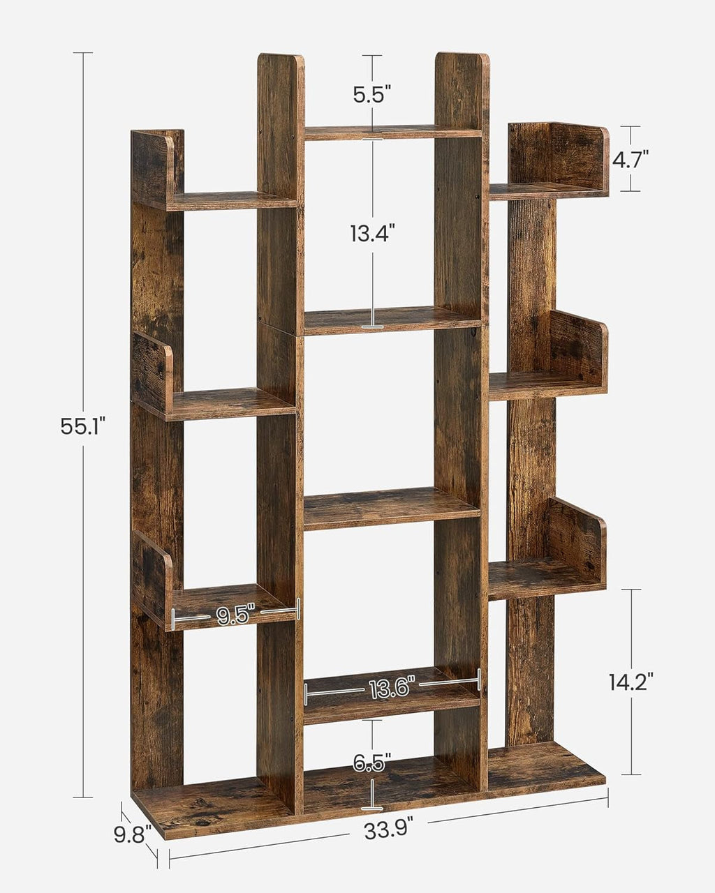 Tree-Shaped Rustic Bookshelf with 13 Shelves – Space-Saving Bookcase
