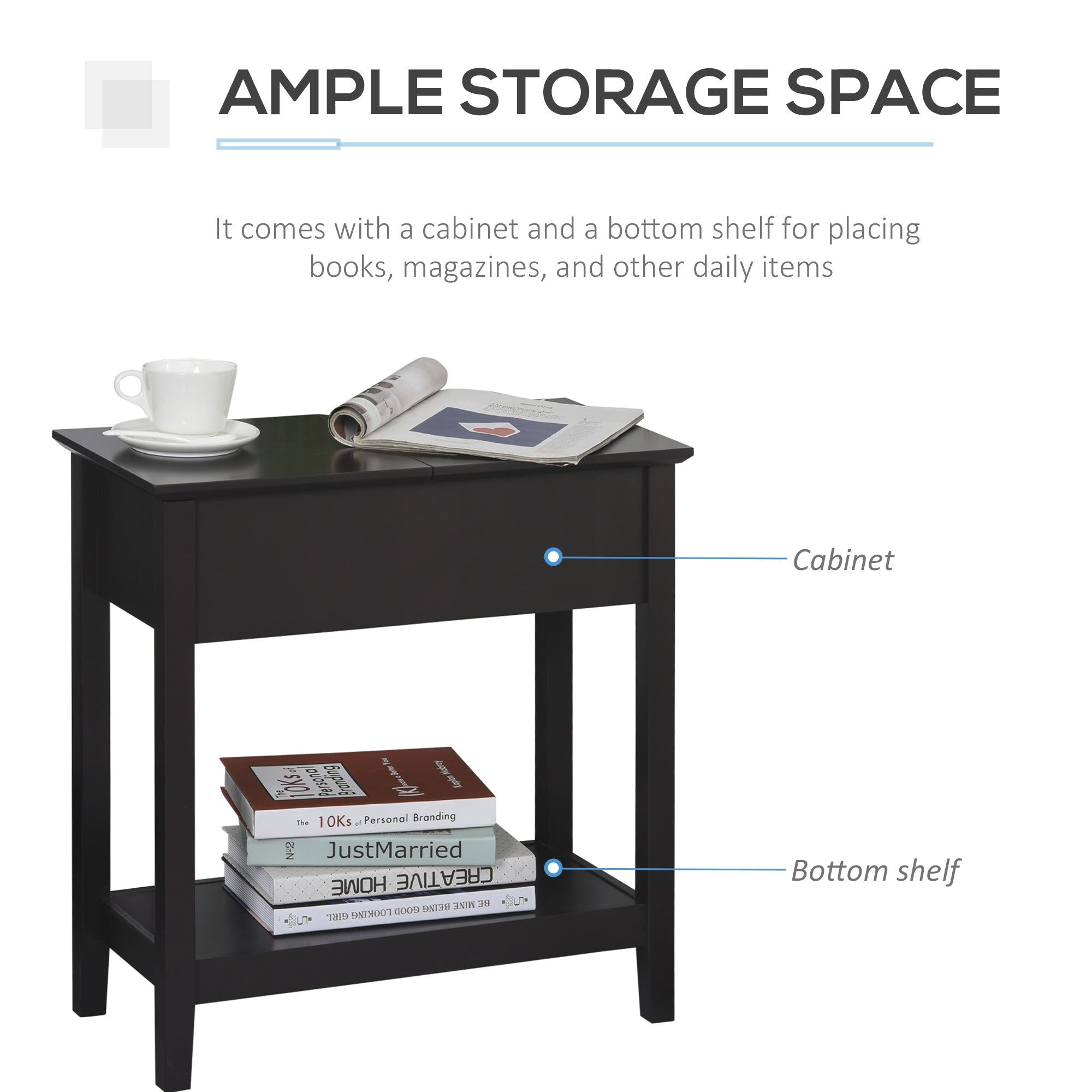 Slim Storage End Table with Cabinet & Shelf – Dark Coffee Finish