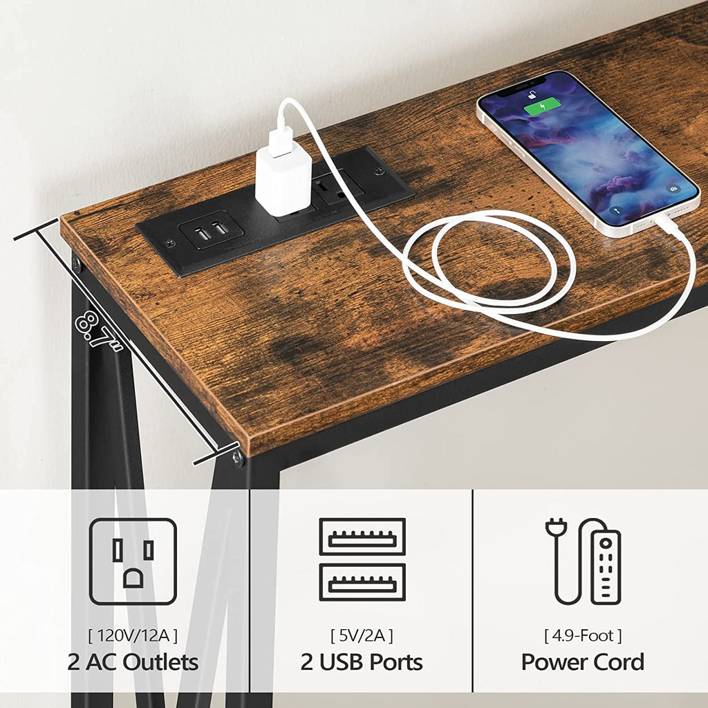 Rustic Brown Sofa Table with Power Outlet & USB Ports