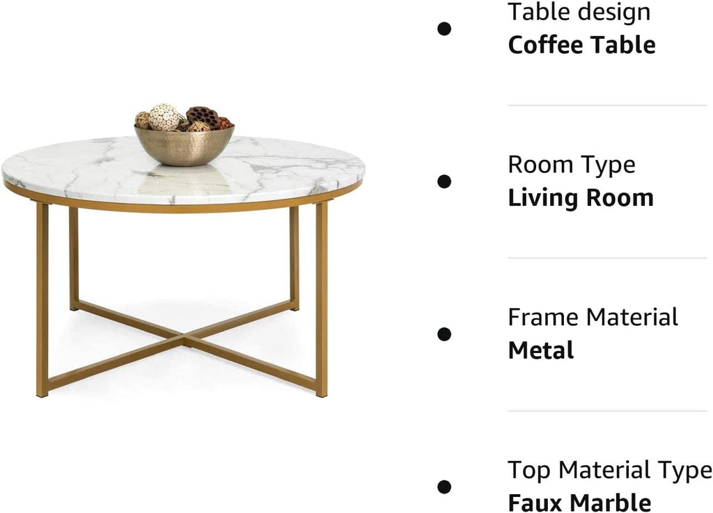 Round Coffee Table With Faux Marble Top Cross Leg Design