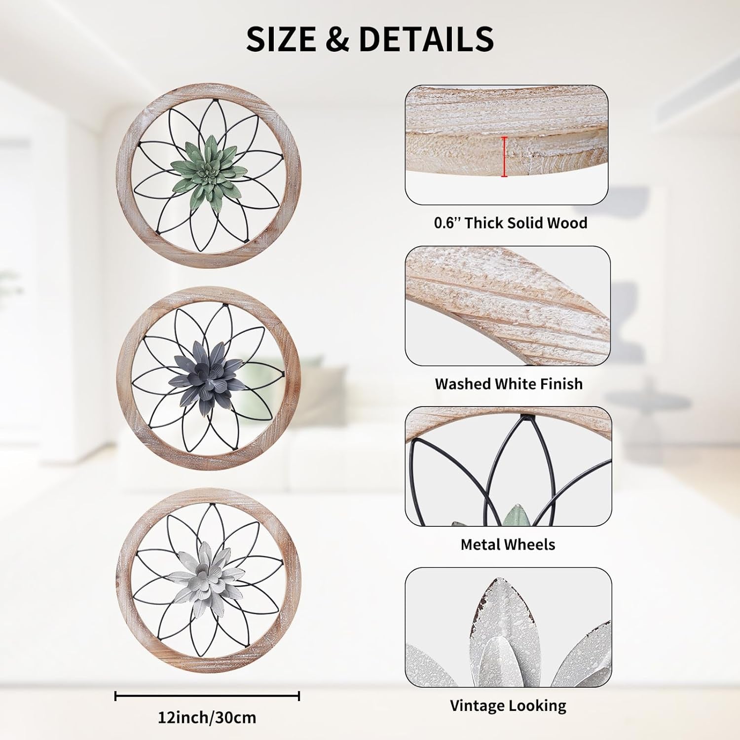 Round Farmhouse Wall Decor Set with Interchangeable Metal Flowers