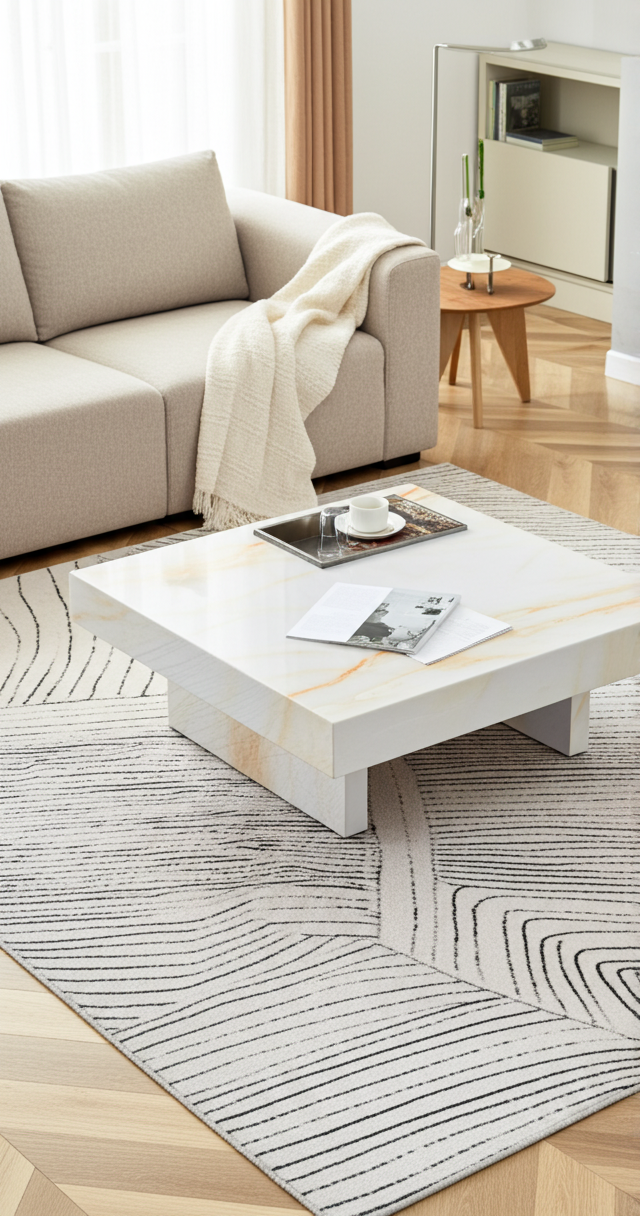 Modern White Coffee Table with Imitation Marble Pattern – MDF Square Design (31.4")