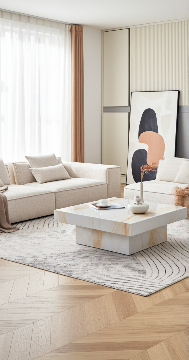 Modern White Coffee Table with Imitation Marble Pattern – MDF Square Design (31.4")