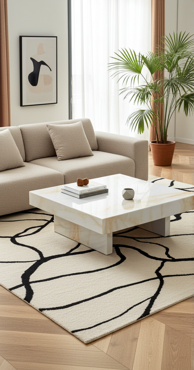 Modern White Coffee Table with Imitation Marble Pattern – MDF Square Design (31.4")