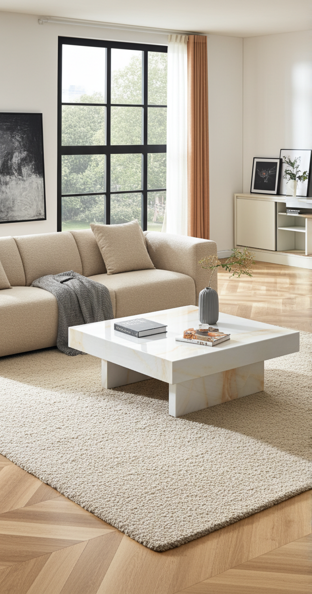 Modern White Coffee Table with Imitation Marble Pattern – MDF Square Design (31.4")